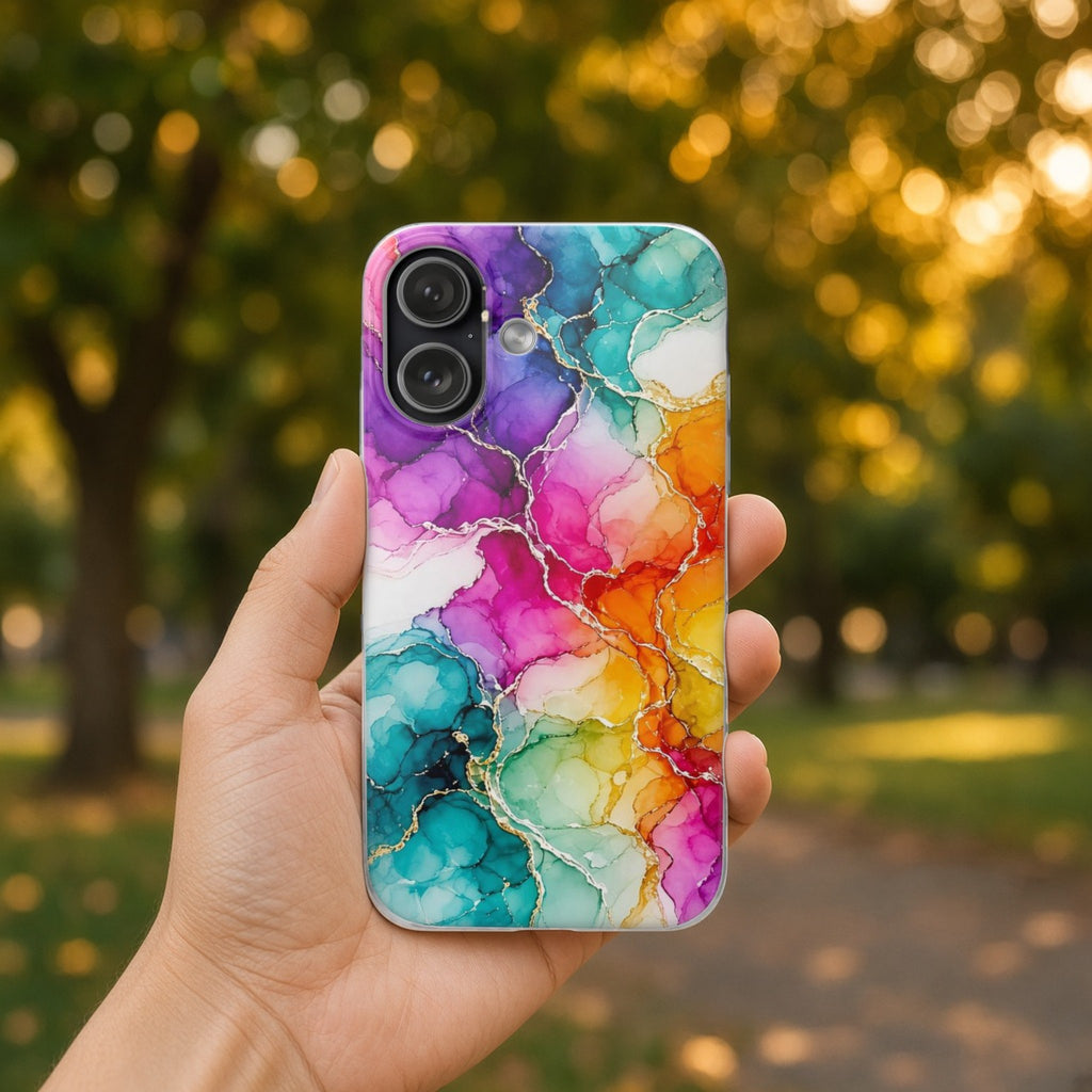 Hand holding the Rainbow Alcohol Ink Bloom flexi phone case in a leafy park