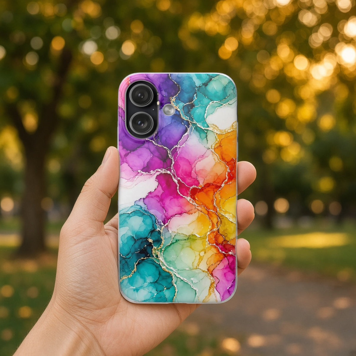 Hand holding the Rainbow Alcohol Ink Bloom flexi phone case in a leafy park