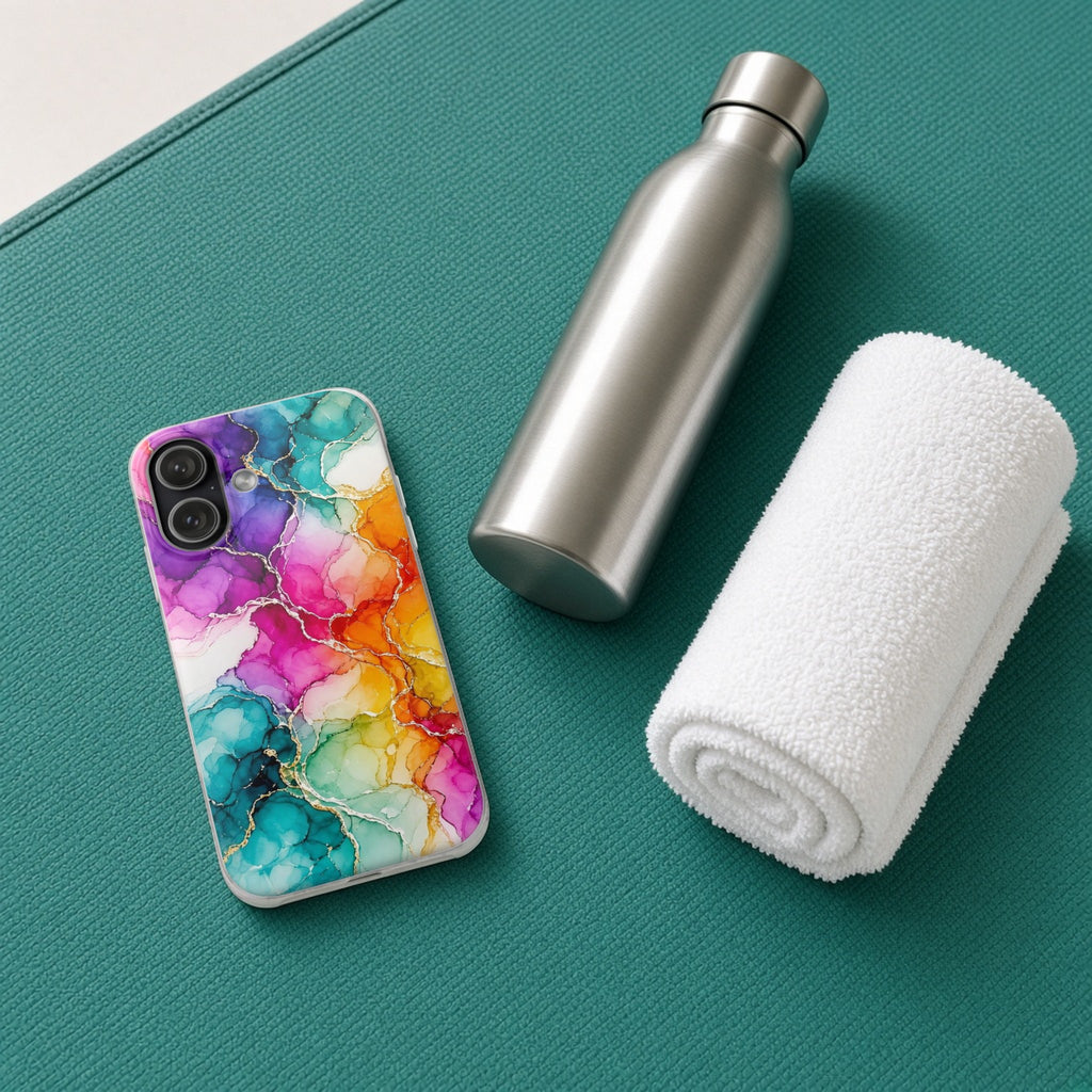 Rainbow Alcohol Ink Bloom flexi phone case on a teal yoga mat with a water bottle and towel