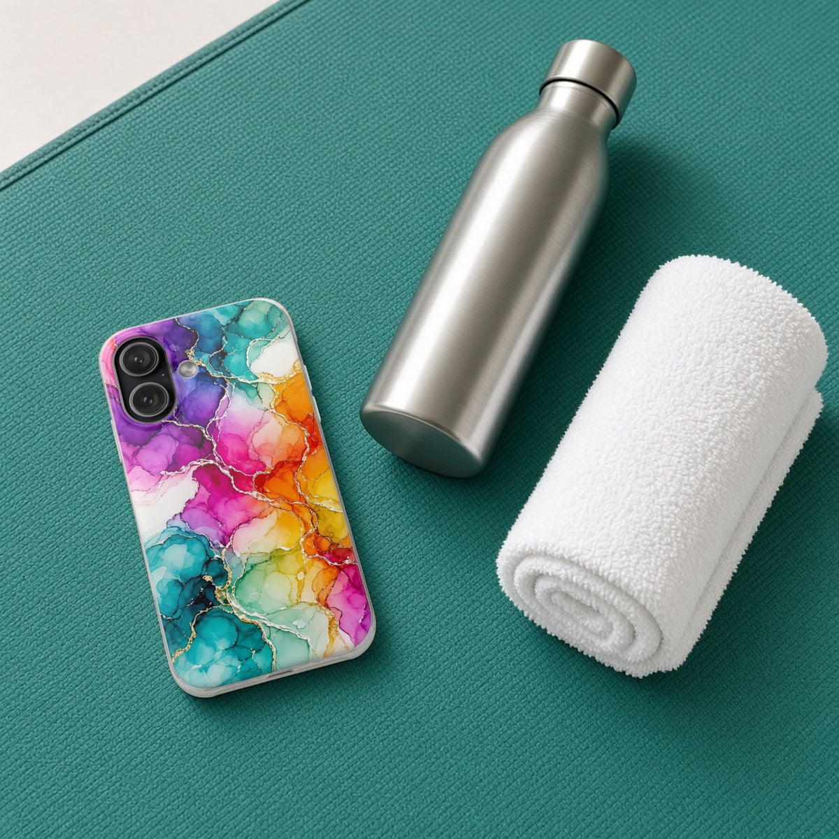 Rainbow Alcohol Ink Bloom flexi phone case on a teal yoga mat with a water bottle and towel