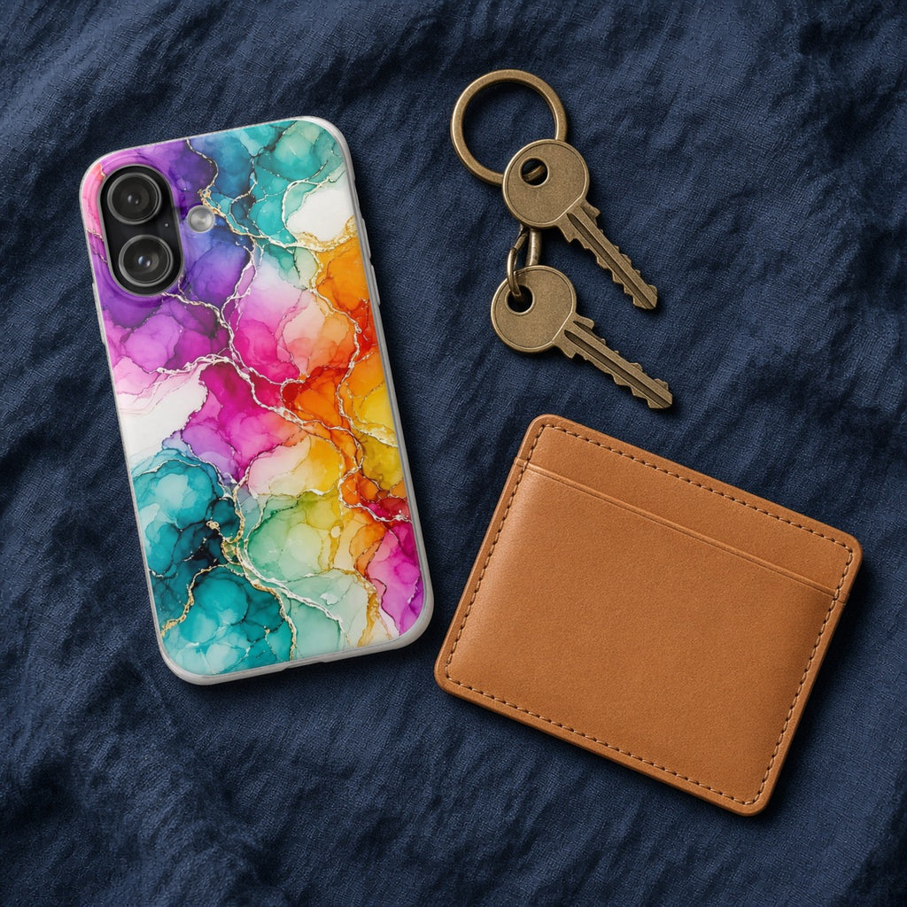 Rainbow Alcohol Ink Bloom flexi phone case on navy linen with keys and a leather wallet