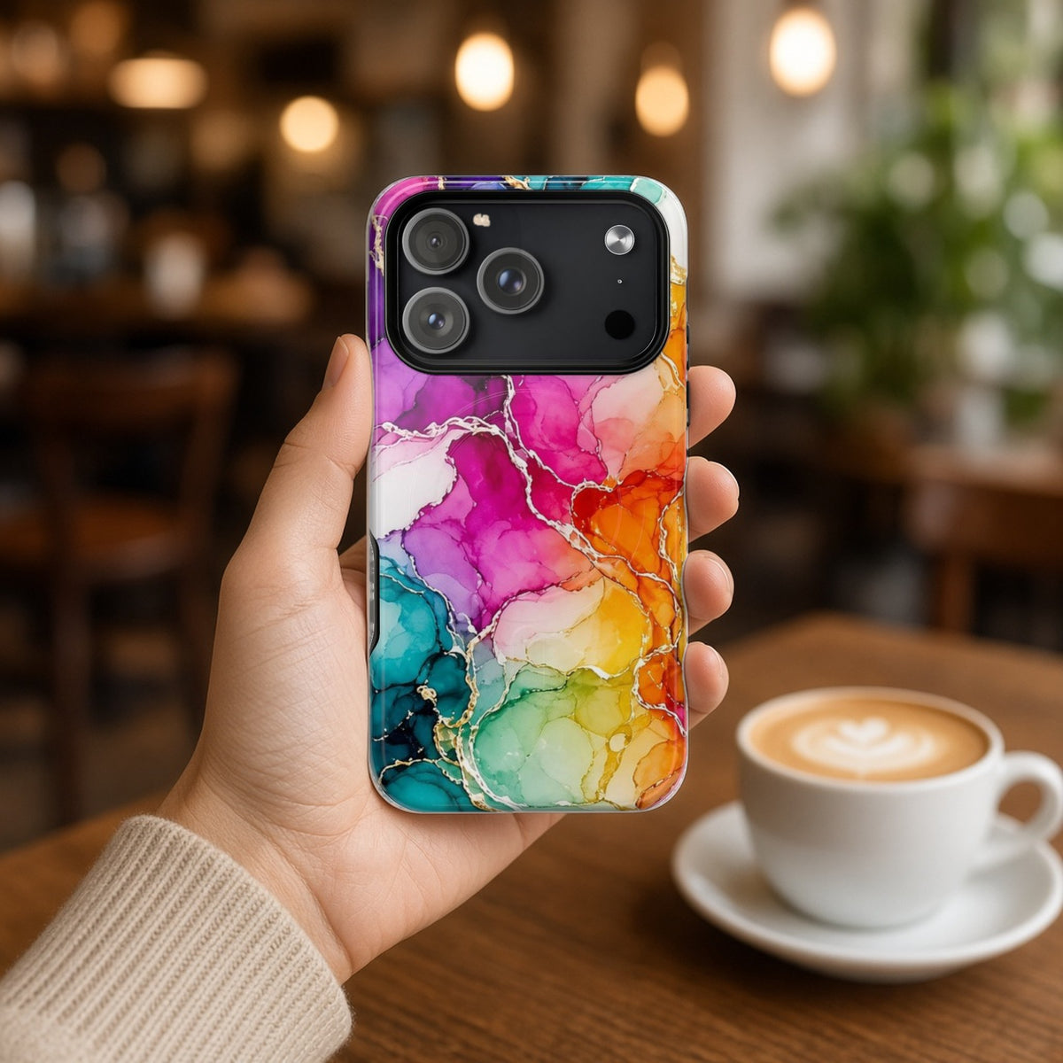 Hand holding the Rainbow Alcohol Ink Bloom magnetic iPhone case in a cafe beside a latte