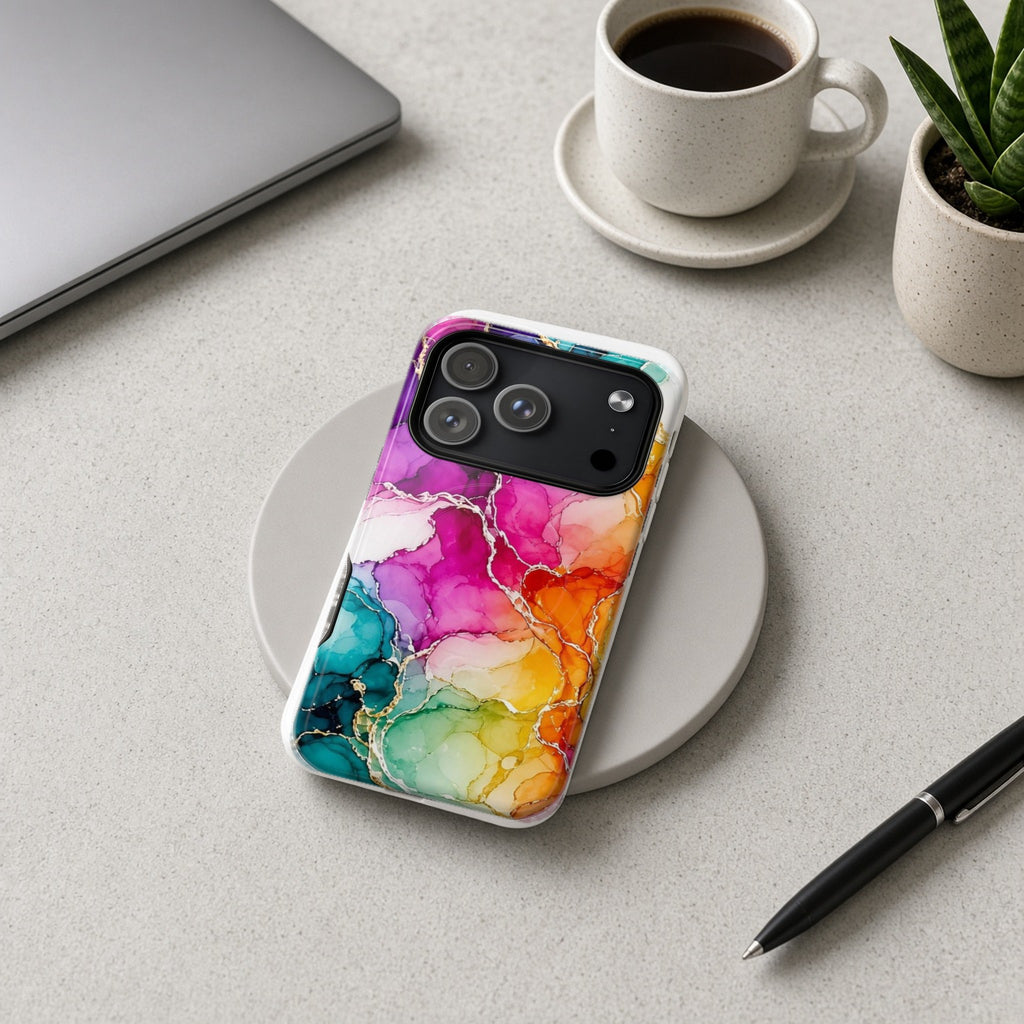 Rainbow Alcohol Ink Bloom magnetic iPhone case on a wireless charging pad on a grey desk