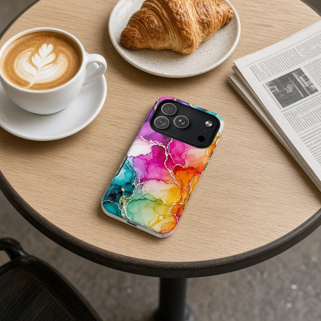 Rainbow Alcohol Ink Bloom magnetic iPhone case on a cafe table with a latte, croissant and newspaper