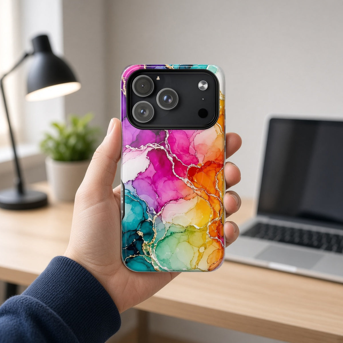 Hand holding the Rainbow Alcohol Ink Bloom magnetic iPhone case at a home office desk
