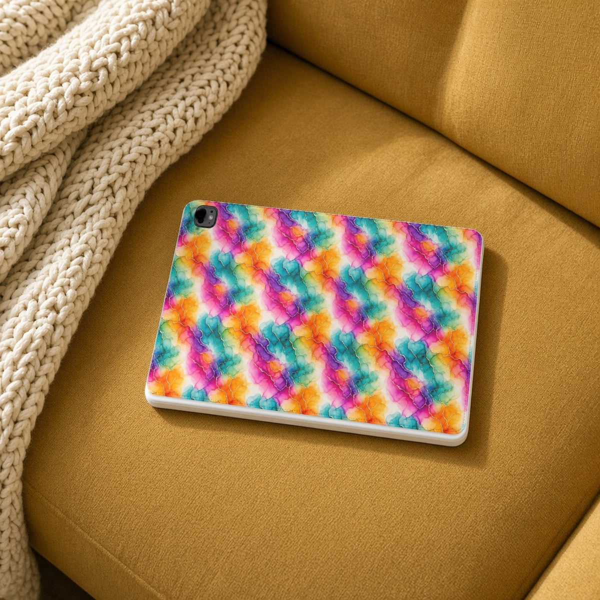 Rainbow Alcohol Ink Bloom iPad folio case on a mustard sofa with a knit throw