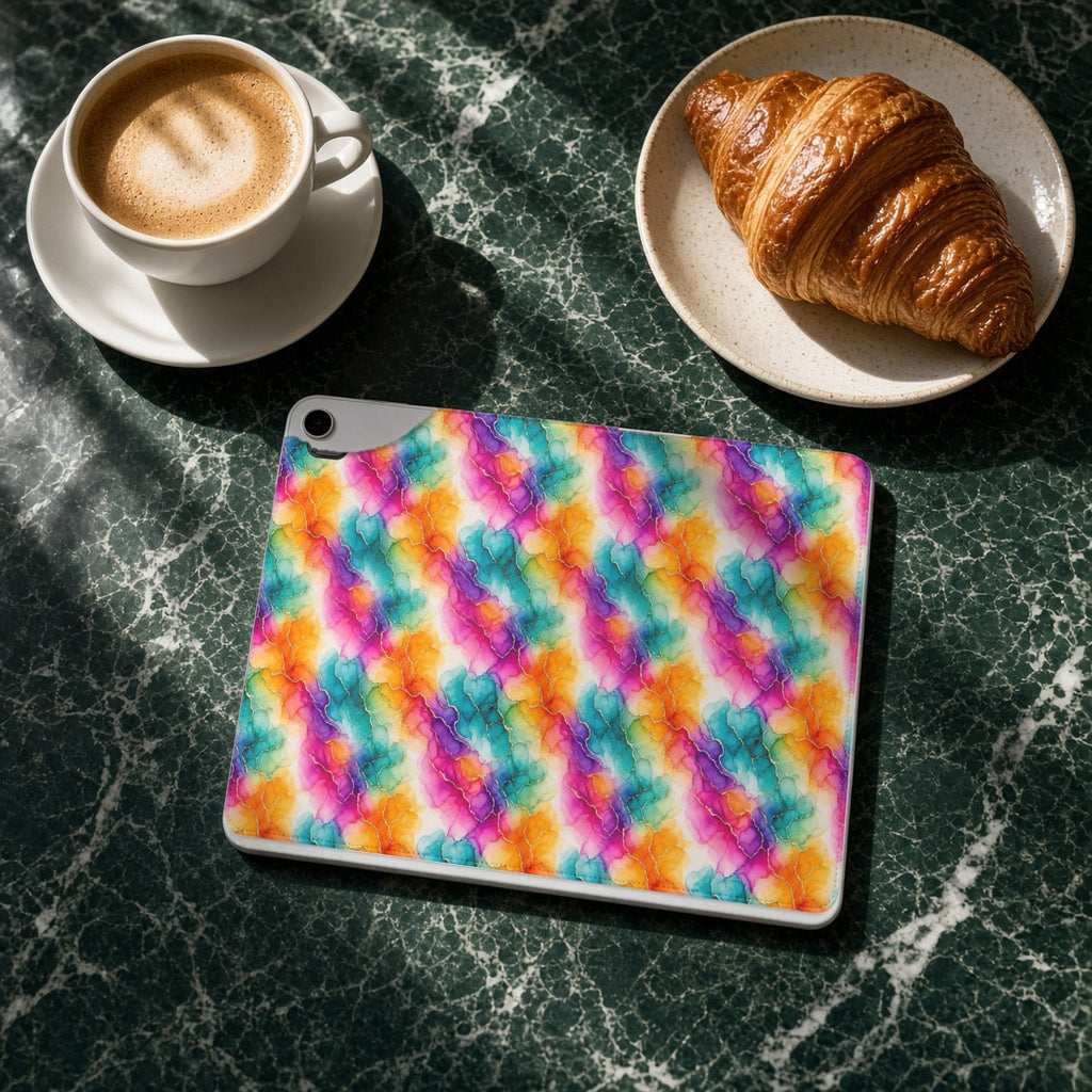 Rainbow Alcohol Ink Bloom iPad folio case on a green marble cafe table with a cappuccino