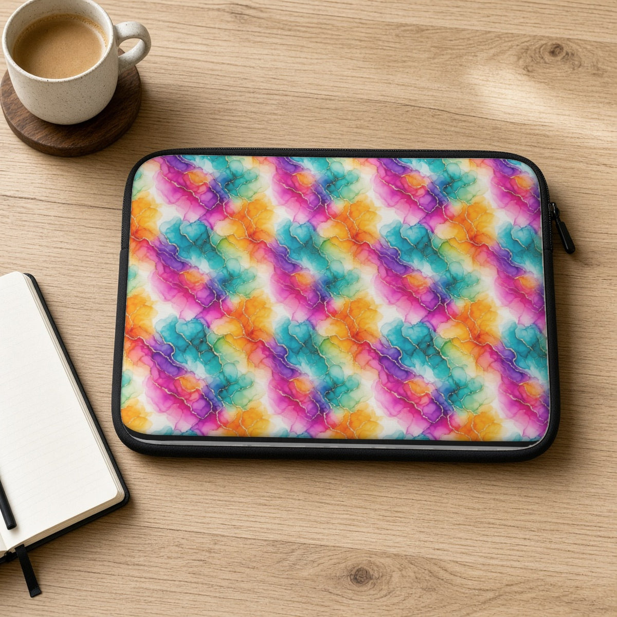 Rainbow Alcohol Ink Bloom laptop sleeve on an oak desk with coffee and a notebook