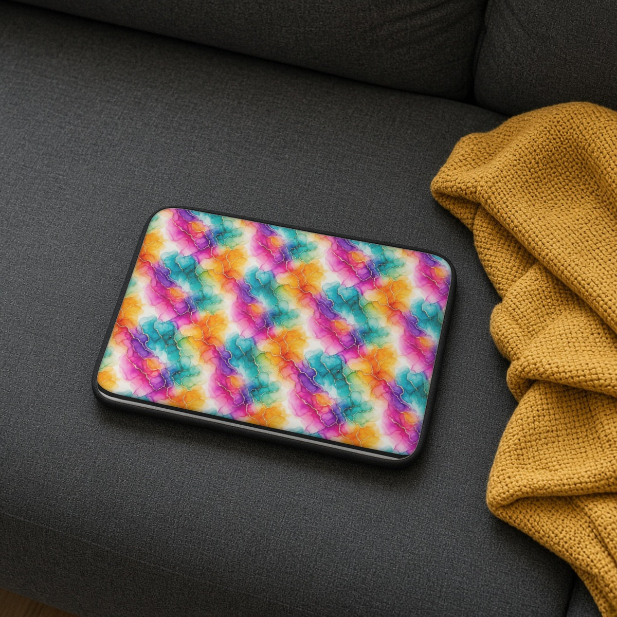 Rainbow Alcohol Ink Bloom laptop sleeve on a charcoal sofa with a cosy throw