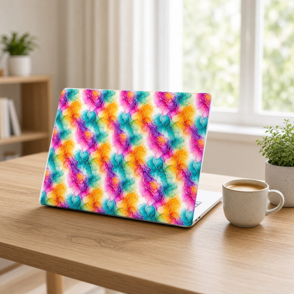 Rainbow Alcohol Ink Bloom matte MacBook case on an open laptop at a home office desk