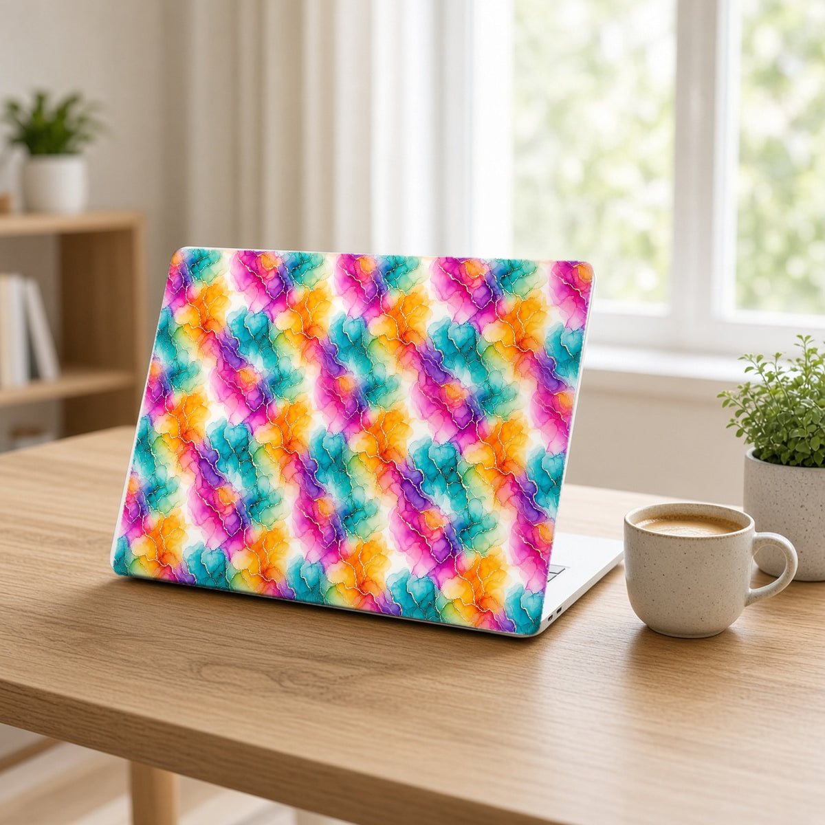 Rainbow Alcohol Ink Bloom matte MacBook case on an open laptop at a home office desk