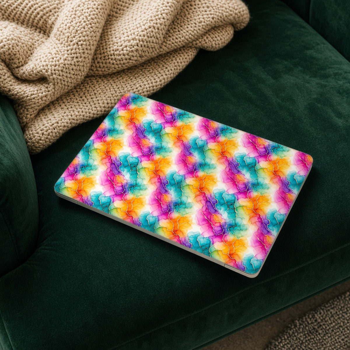 Rainbow Alcohol Ink Bloom matte MacBook case on a laptop resting on a green velvet sofa