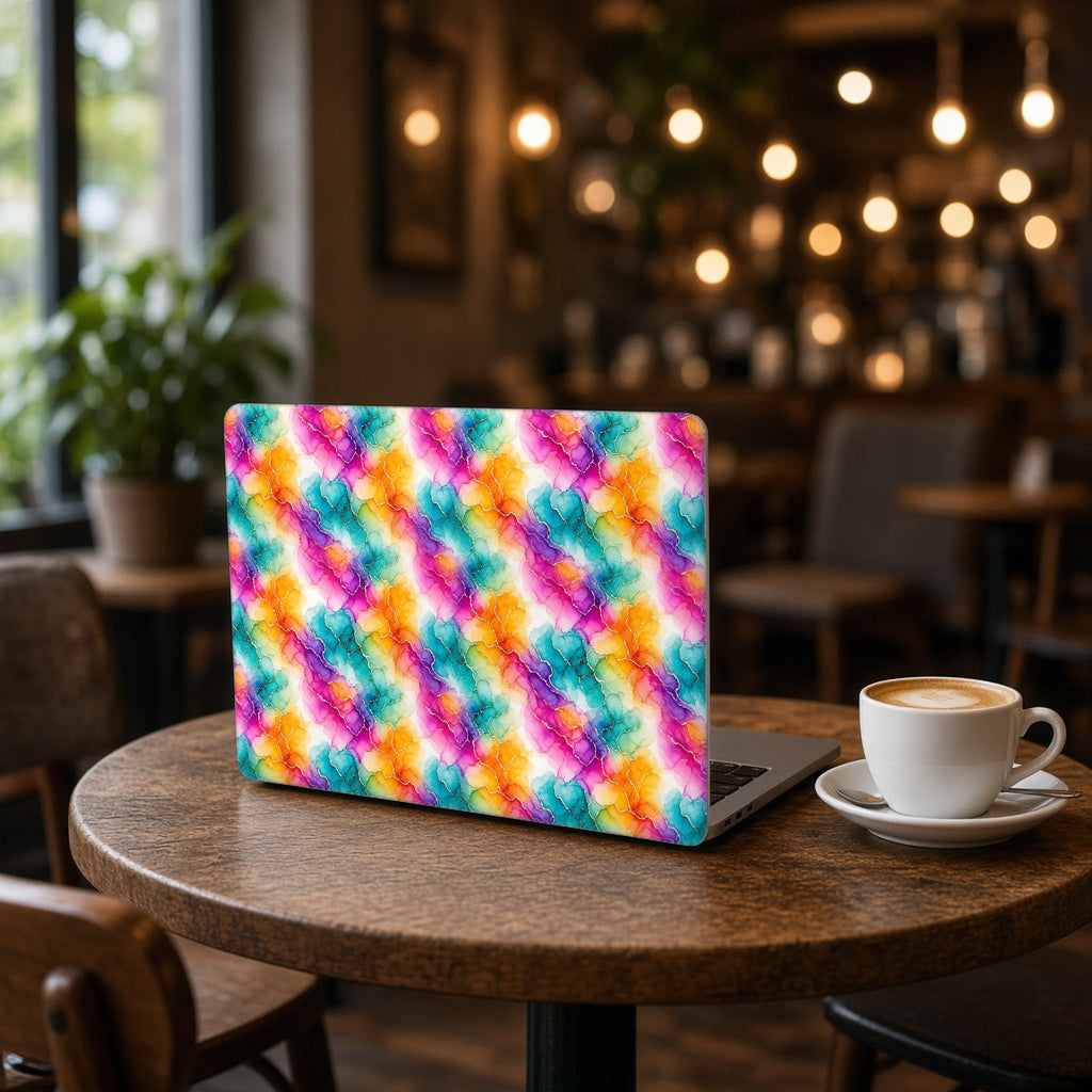 Rainbow Alcohol Ink Bloom matte MacBook case on an open laptop on a cafe table