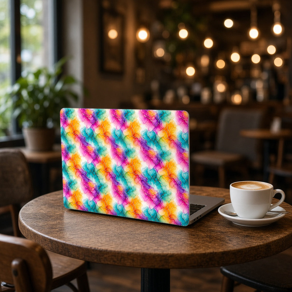 Rainbow Alcohol Ink Bloom matte MacBook case on an open laptop on a cafe table