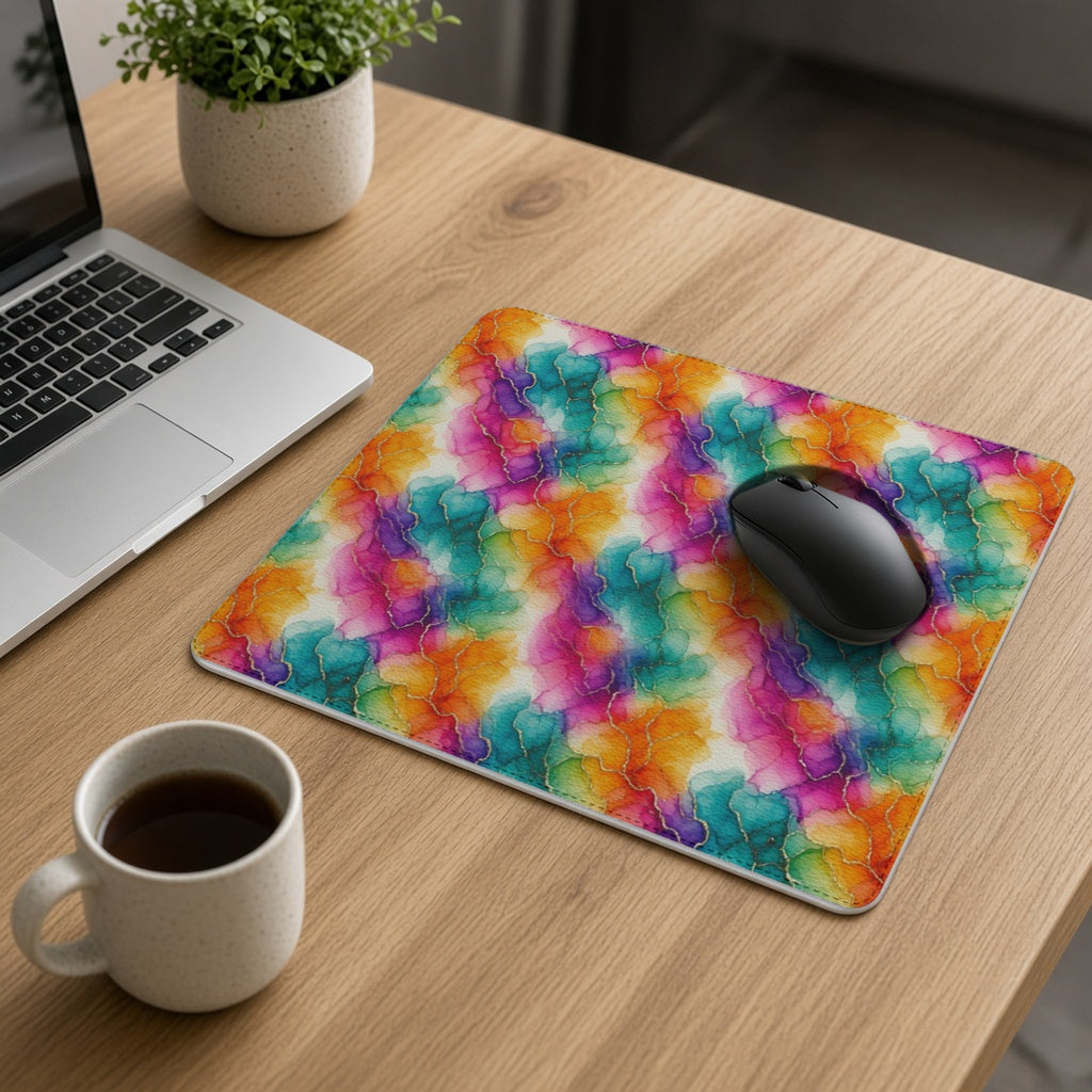 Rainbow Alcohol Ink Bloom vegan leather mouse mat on an oak desk with a laptop, mouse and coffee
