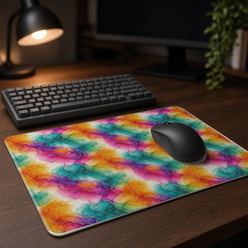 Rainbow Alcohol Ink Bloom vegan leather mouse mat on a dark wood desk with keyboard and lamp