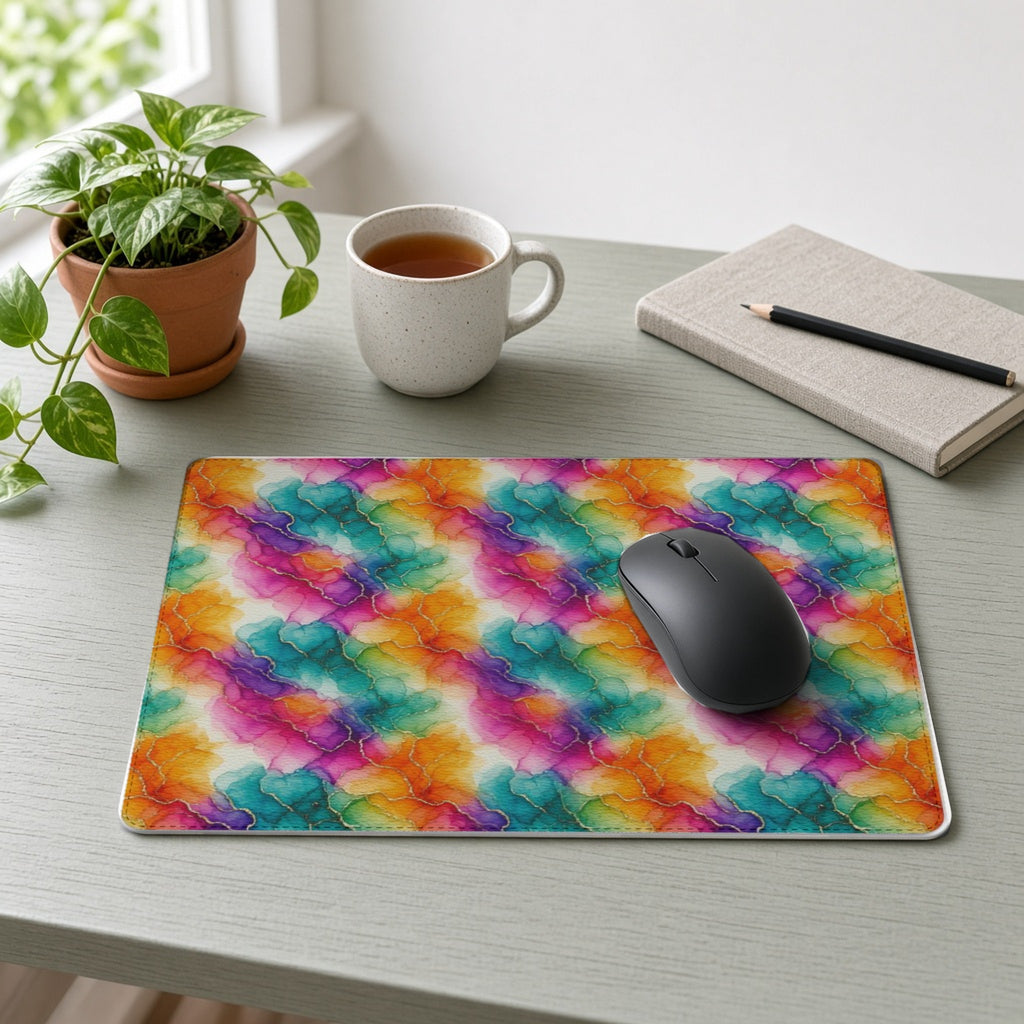 Rainbow Alcohol Ink Bloom vegan leather mouse mat on a sage-green desk with a plant, tea and notebook