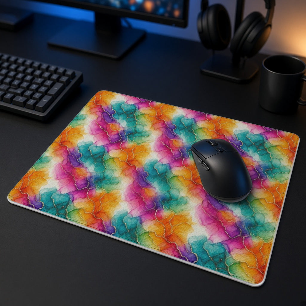 Rainbow Alcohol Ink Bloom vegan leather mouse mat in a dark gaming desk setup with headphones
