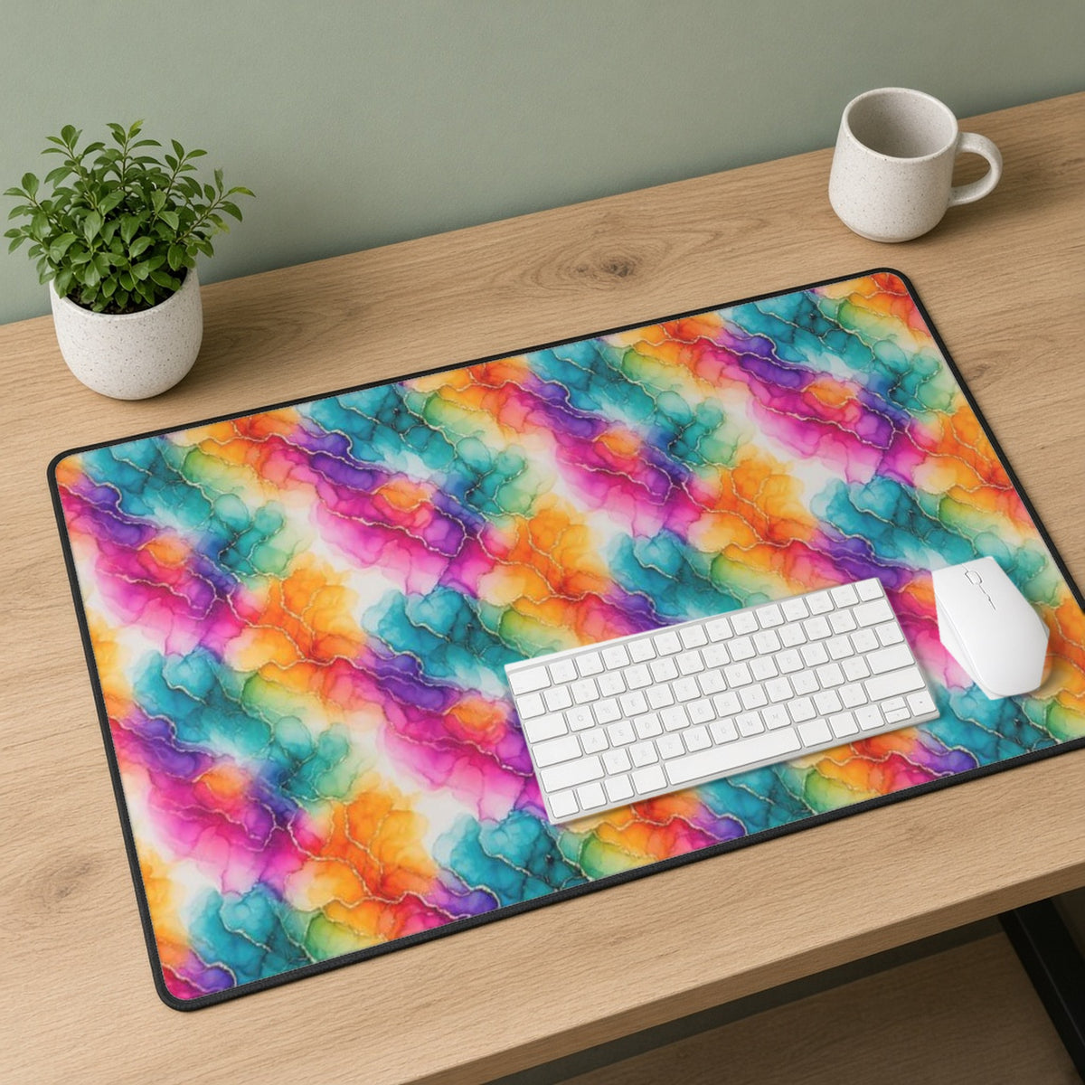 Rainbow Alcohol Ink Bloom desk mat on a sage-walled desk with a white keyboard and mouse