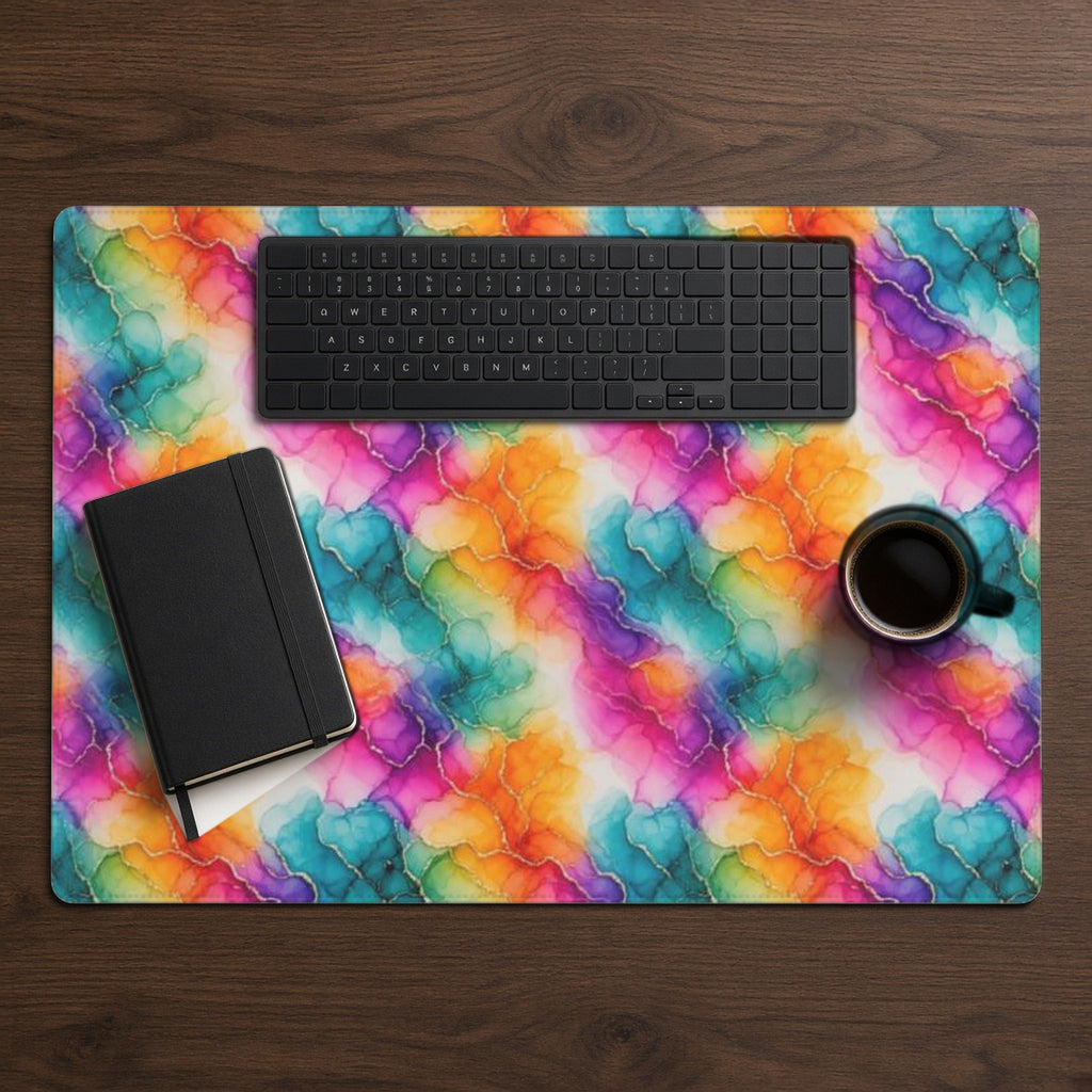 Rainbow Alcohol Ink Bloom desk mat from above on walnut with a black keyboard, notebook and coffee