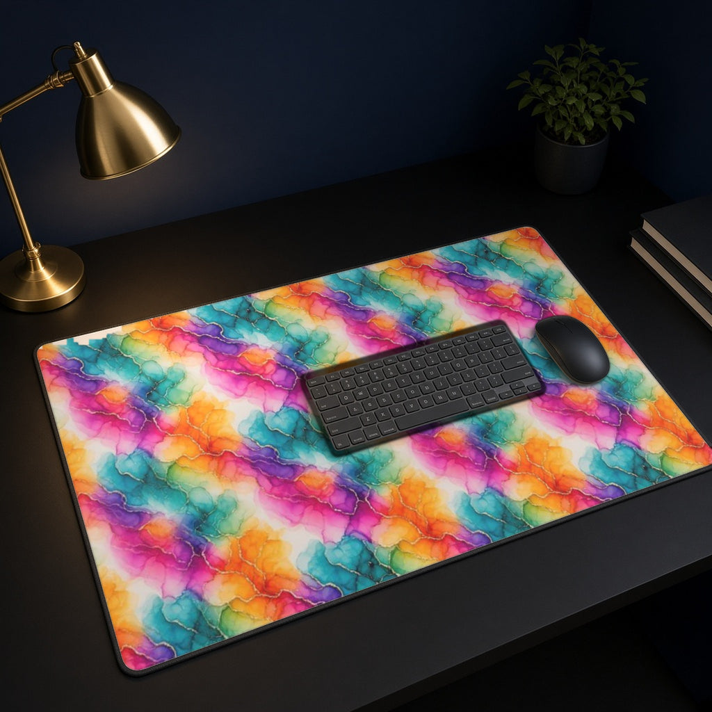 Rainbow Alcohol Ink Bloom desk mat on a black desk with a keyboard, mouse and brass lamp