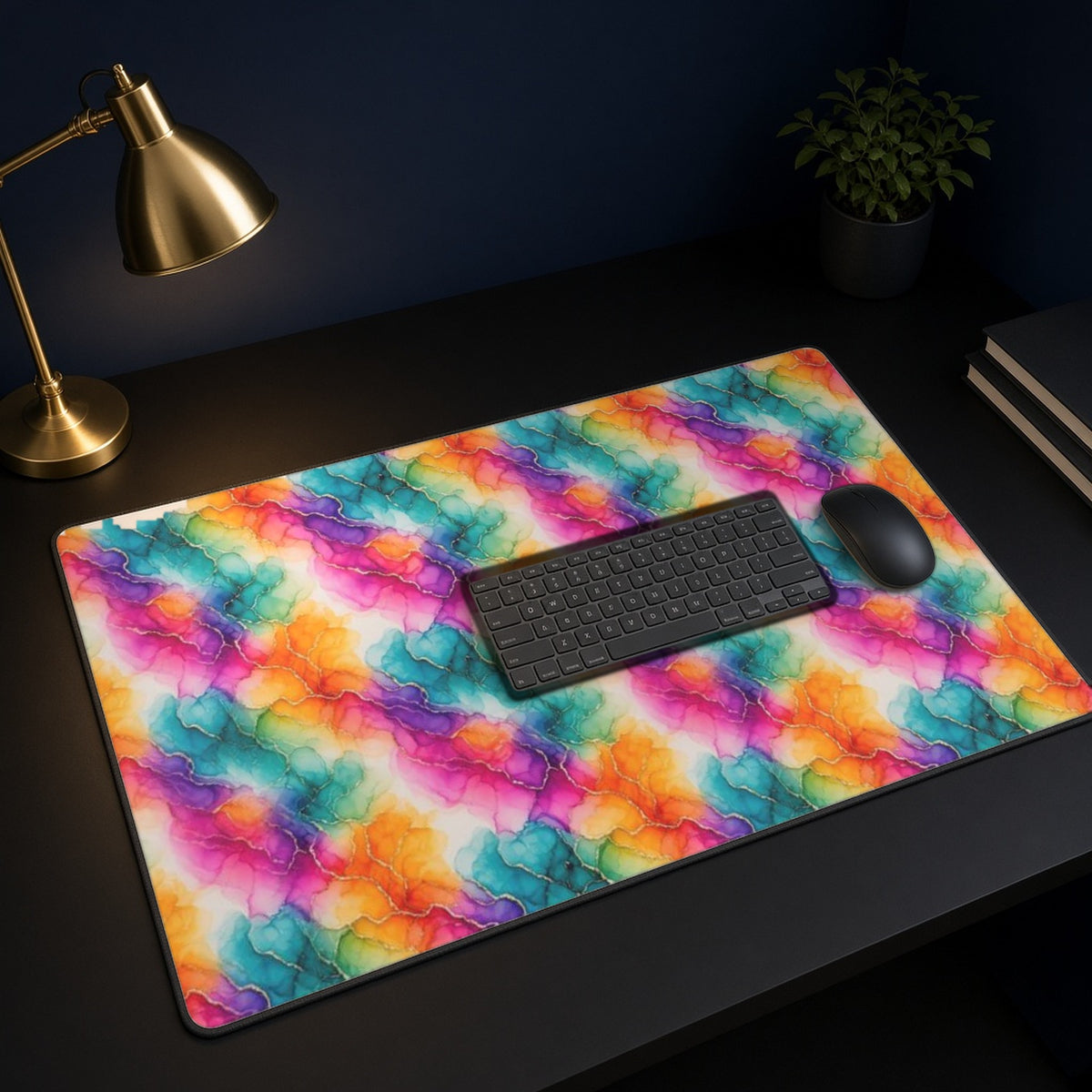 Rainbow Alcohol Ink Bloom desk mat on a black desk with a keyboard, mouse and brass lamp