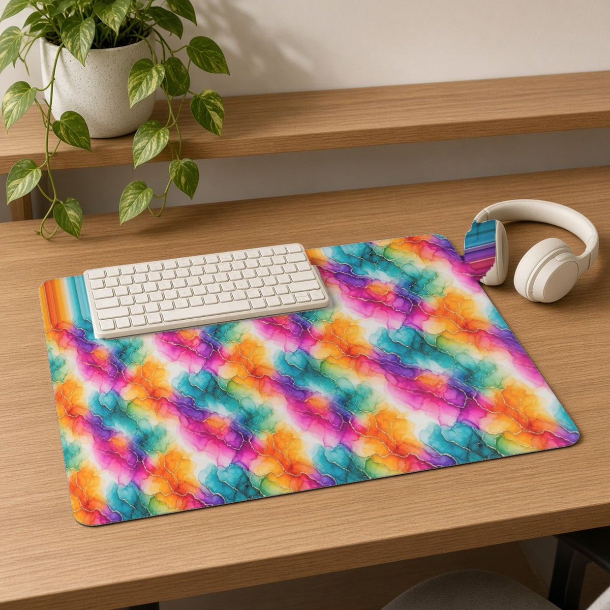 Rainbow Alcohol Ink Bloom desk mat on an oak desk with a cream keyboard and headphones