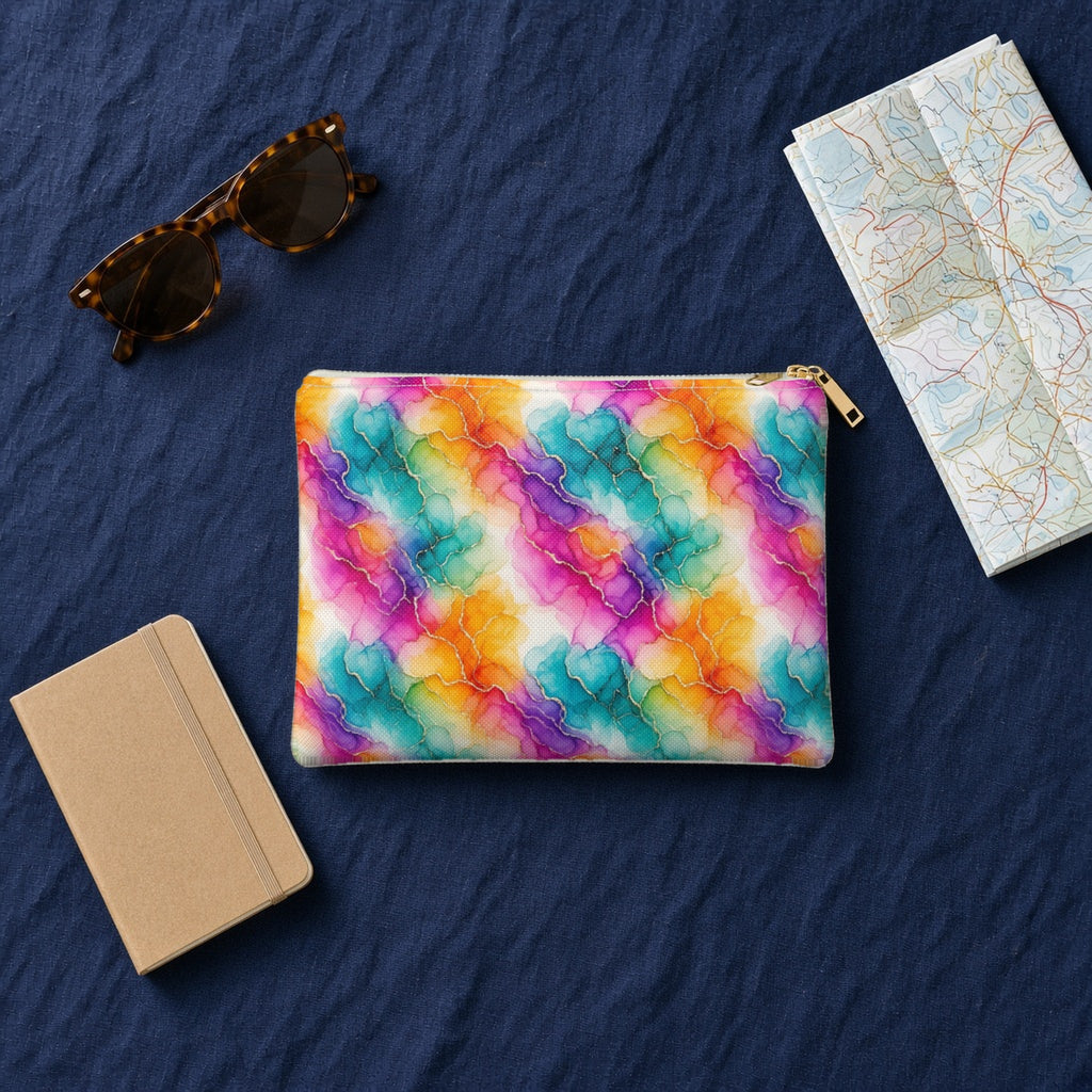 Rainbow Alcohol Ink Bloom zip accessory pouch on navy linen with sunglasses, a notebook and map