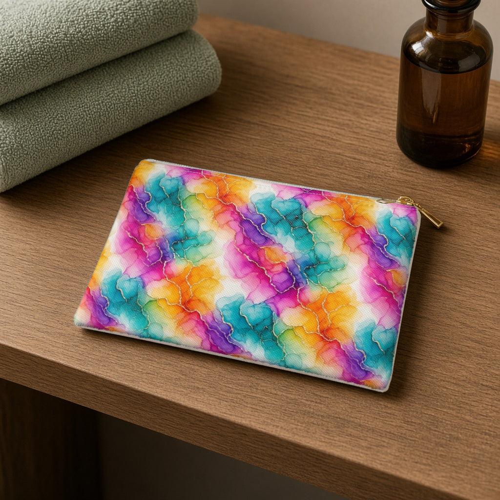 Rainbow Alcohol Ink Bloom zip accessory pouch on a wooden shelf with towels and an amber bottle