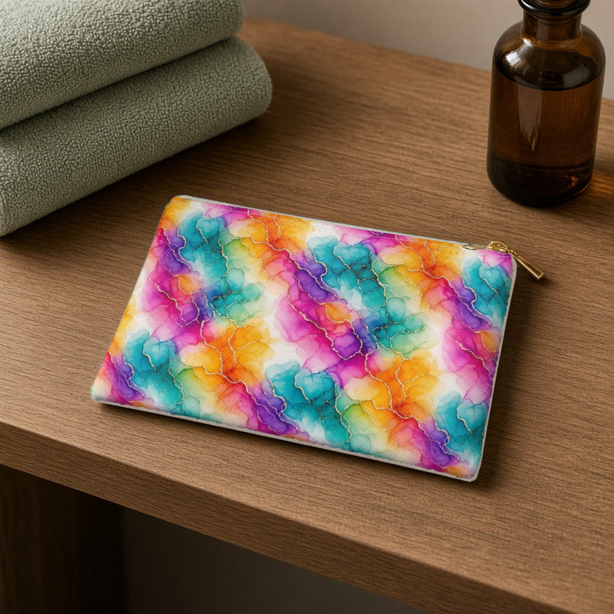 Rainbow Alcohol Ink Bloom zip accessory pouch on a wooden shelf with towels and an amber bottle