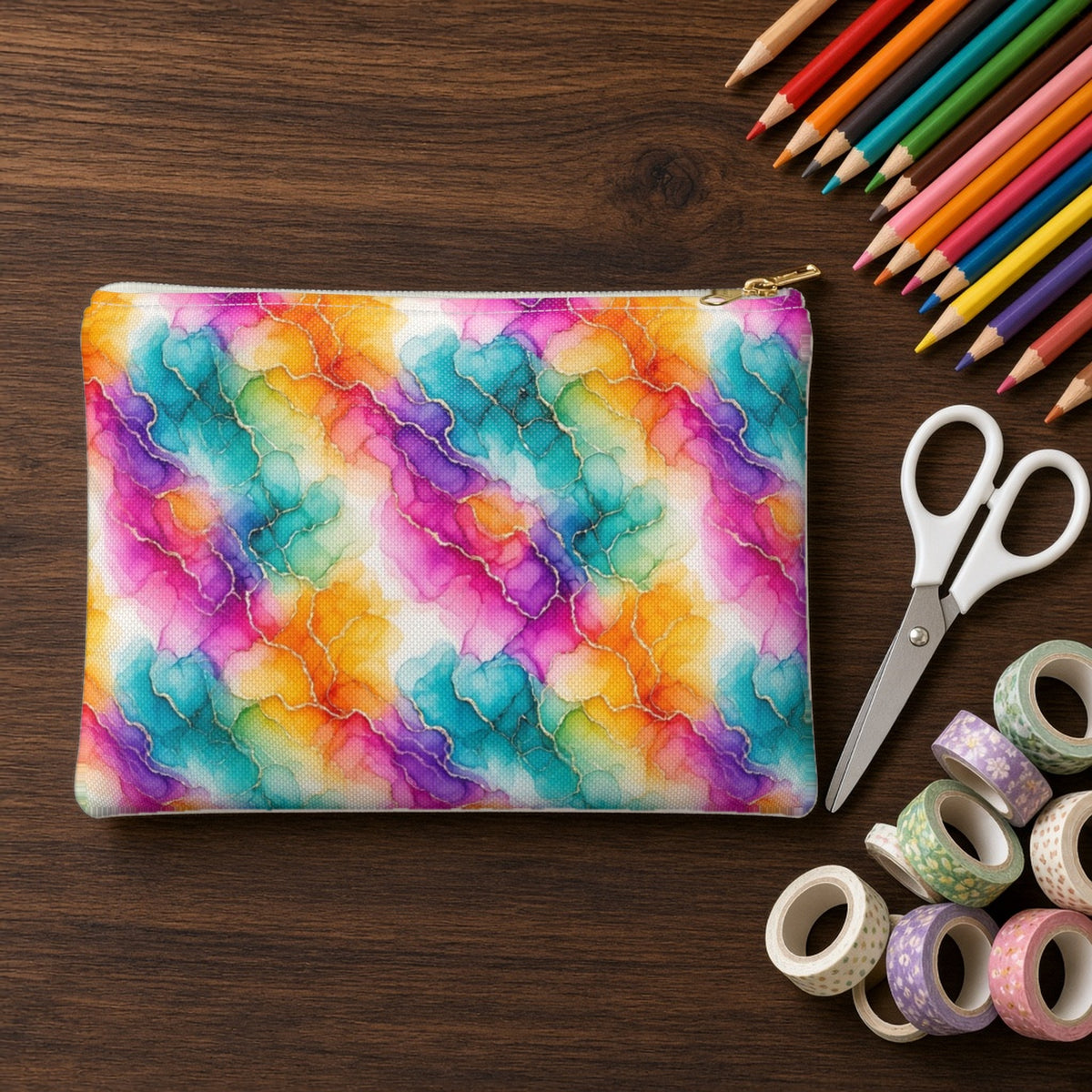 Rainbow Alcohol Ink Bloom zip accessory pouch on a walnut desk with coloured pencils and washi tape