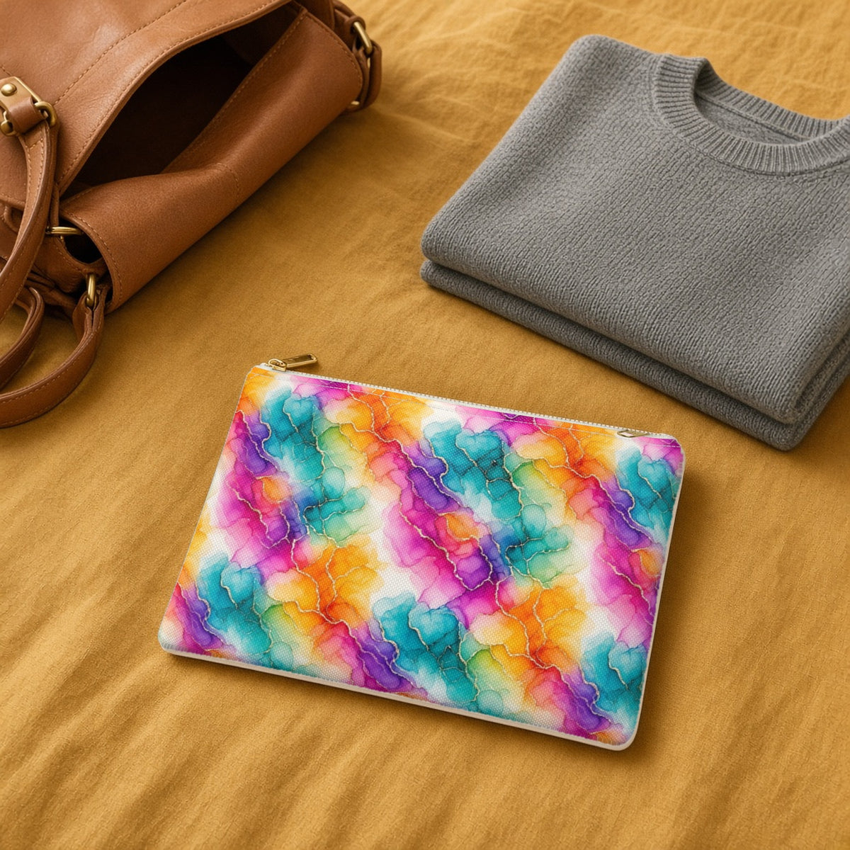 Rainbow Alcohol Ink Bloom zip accessory pouch on a mustard bedspread with a leather bag and jumper