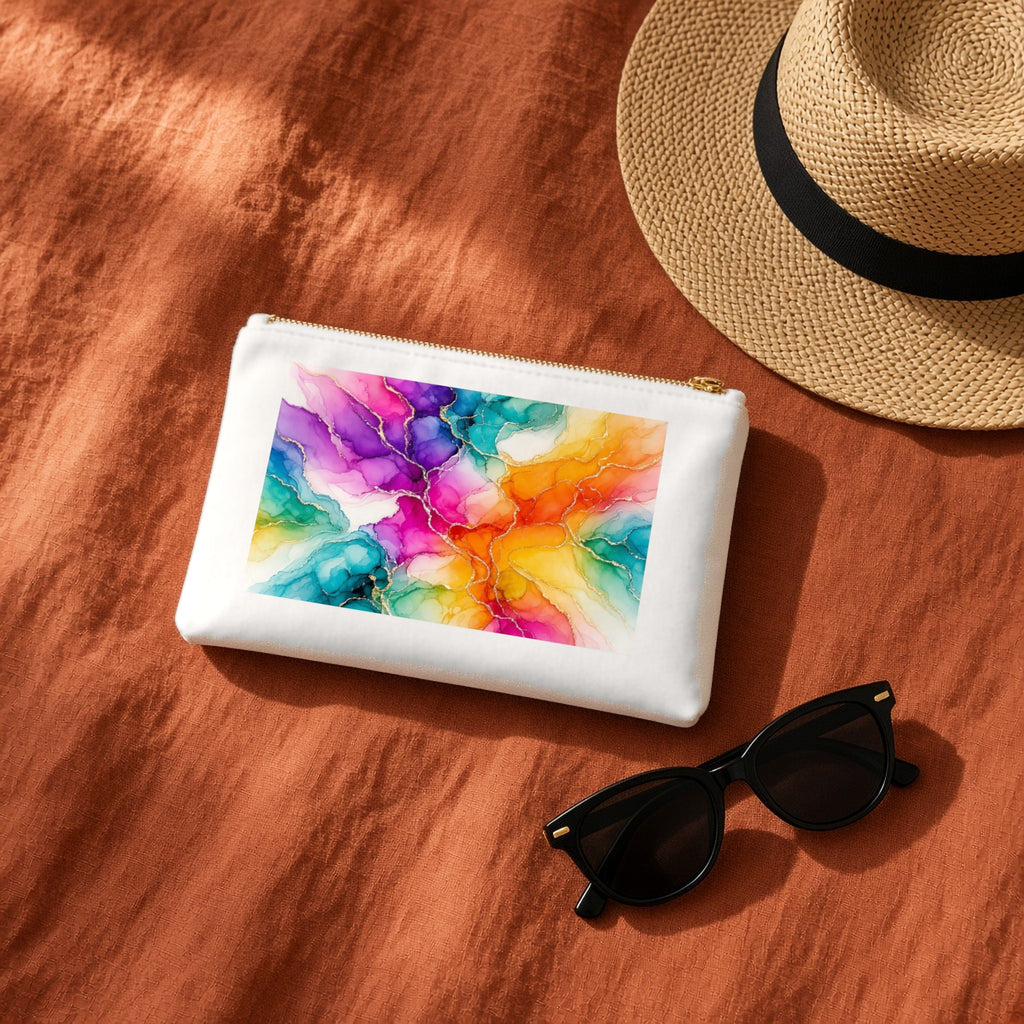 Rainbow Alcohol Ink Bloom canvas cosmetic bag on terracotta linen with a sun hat and sunglasses