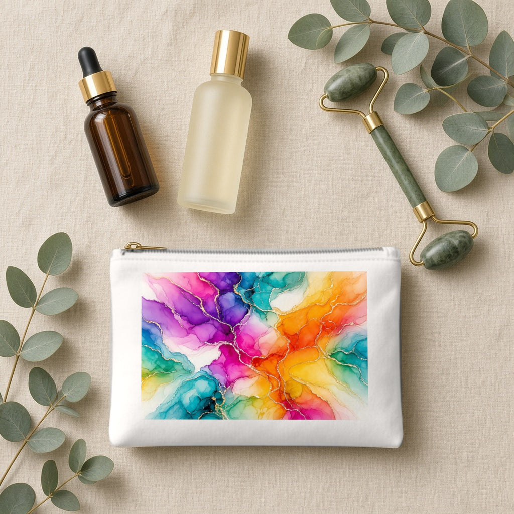 Rainbow Alcohol Ink Bloom canvas cosmetic bag on beige linen with skincare bottles