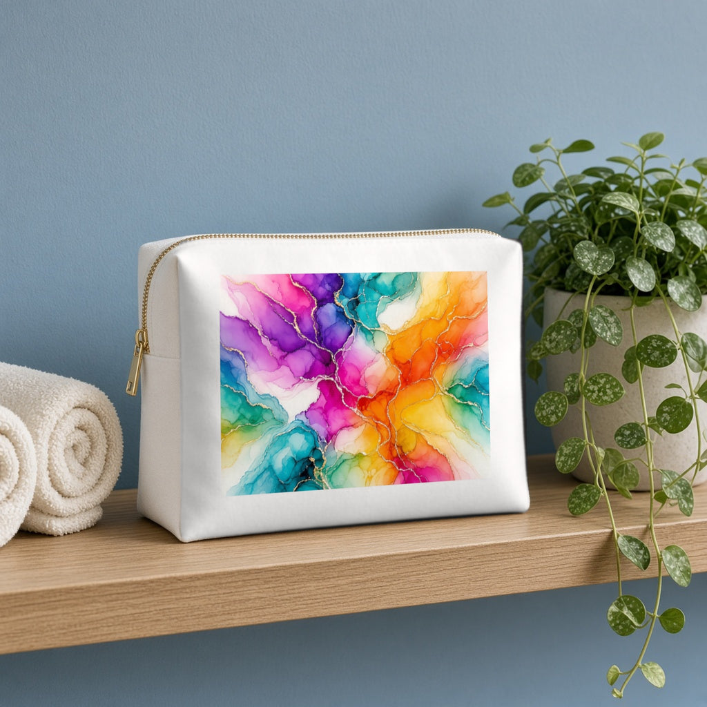 Rainbow Alcohol Ink Bloom canvas cosmetic bag on a wooden shelf against a blue wall with towels and a plant