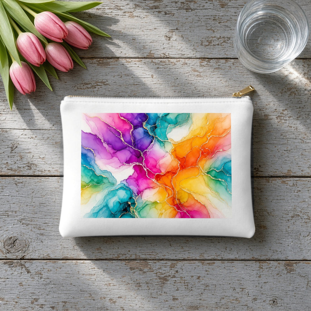 Rainbow Alcohol Ink Bloom canvas cosmetic bag on grey wood with tulips