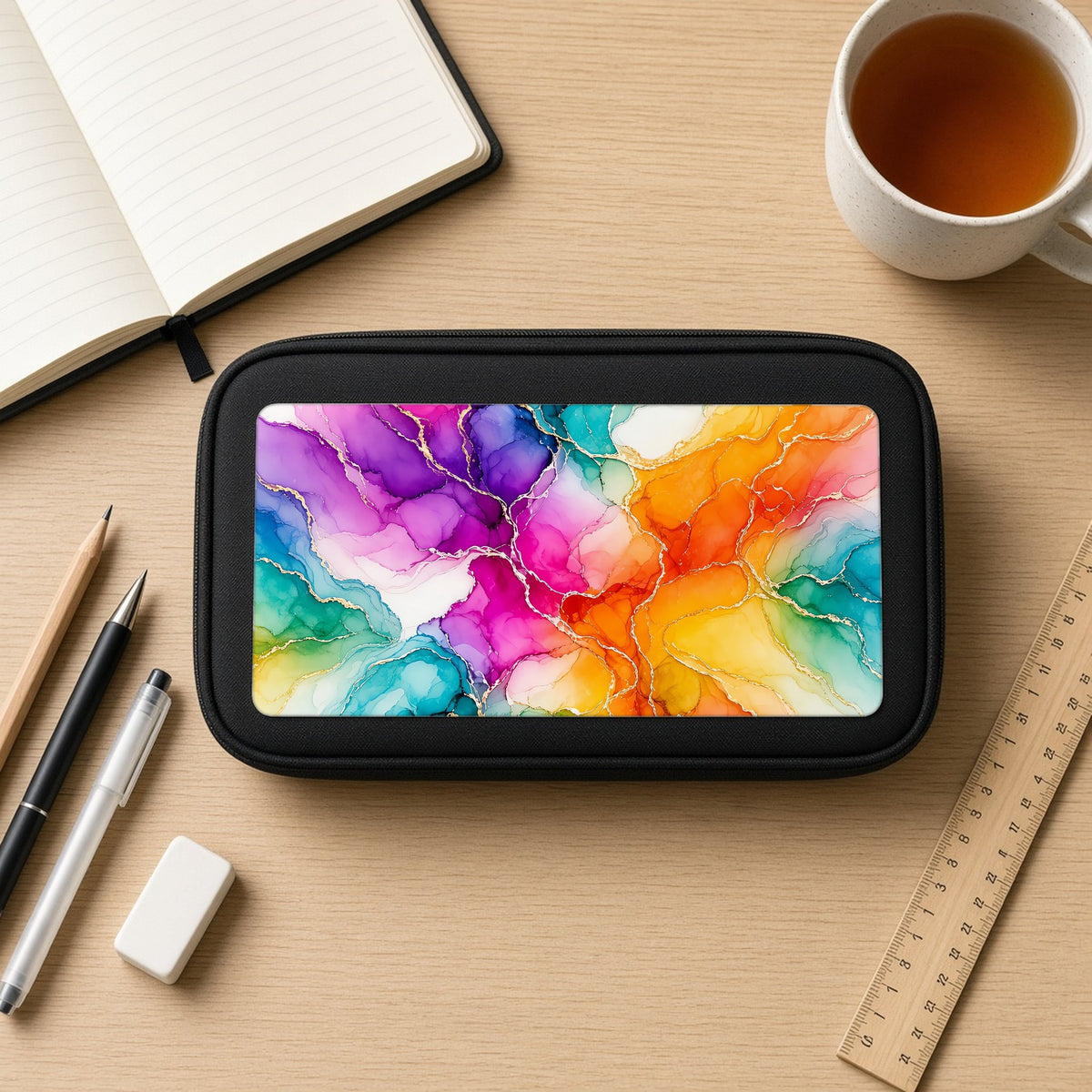 Rainbow Alcohol Ink Bloom pencil case on a wooden desk with notebook, pens and a cup of tea