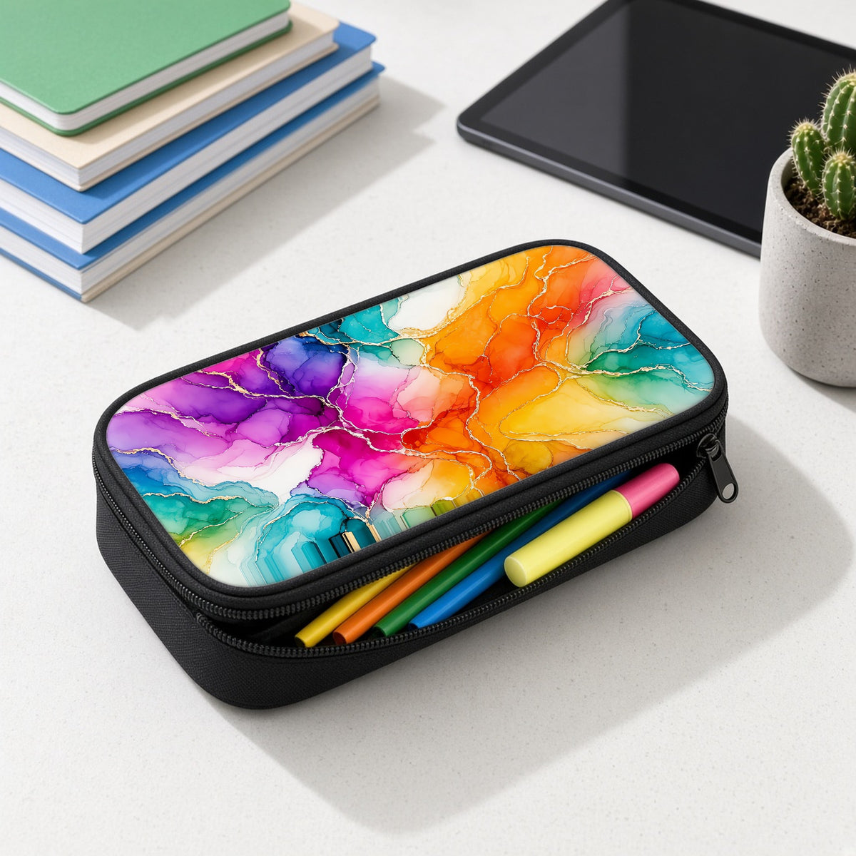 Rainbow Alcohol Ink Bloom pencil case open with colourful pens and highlighters on a white desk