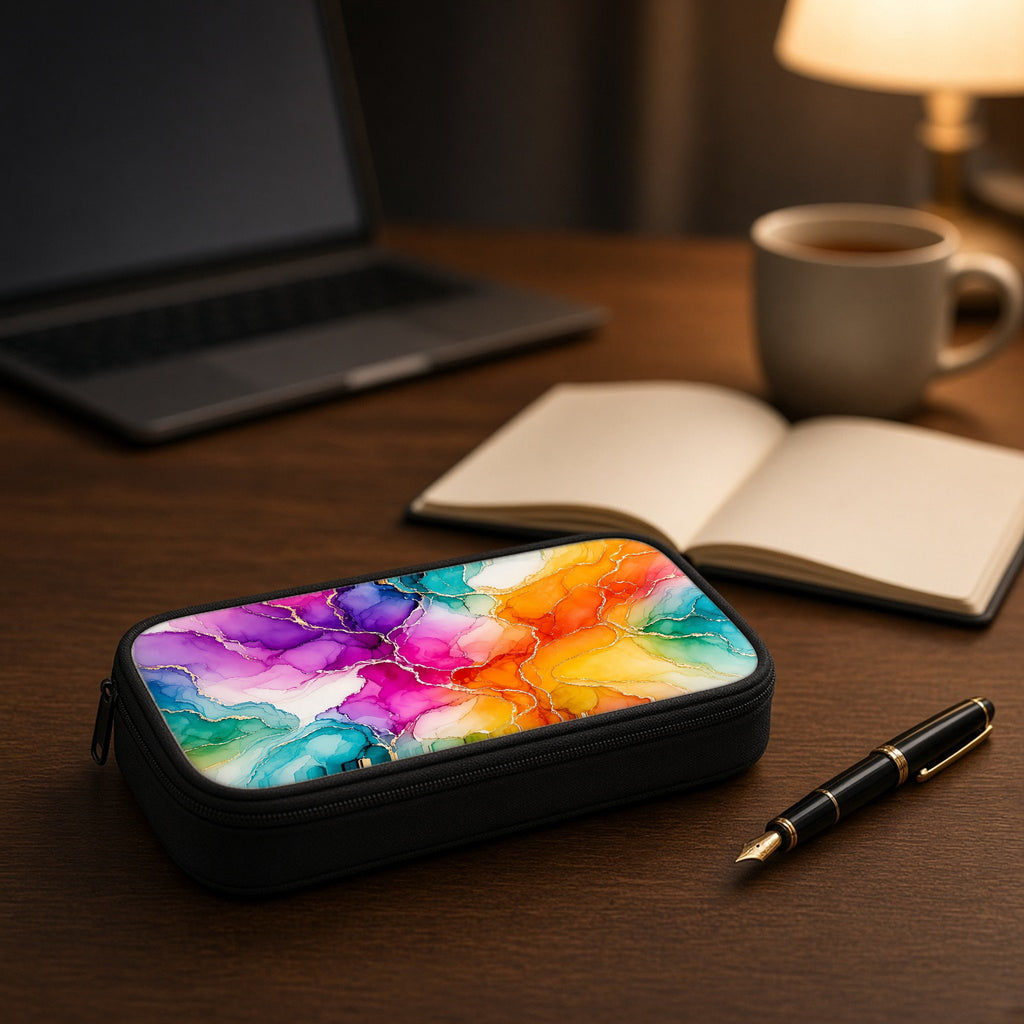 Rainbow Alcohol Ink Bloom pencil case on a wooden desk beside an open notebook and fountain pen