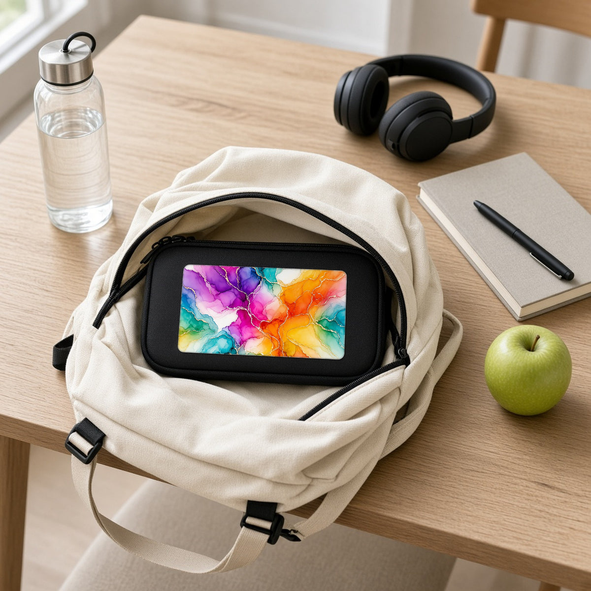 Rainbow Alcohol Ink Bloom pencil case packed in a school backpack with headphones and an apple