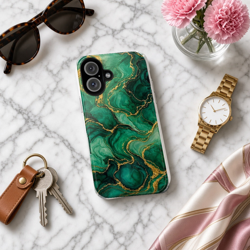 Emerald Tide-Pool Pour tough phone case on white marble with a watch, keys and sunglasses