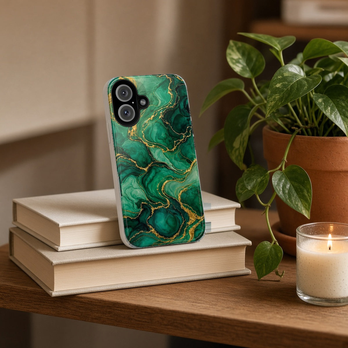 Emerald Tide-Pool Pour tough phone case propped on a stack of books beside a plant and candle