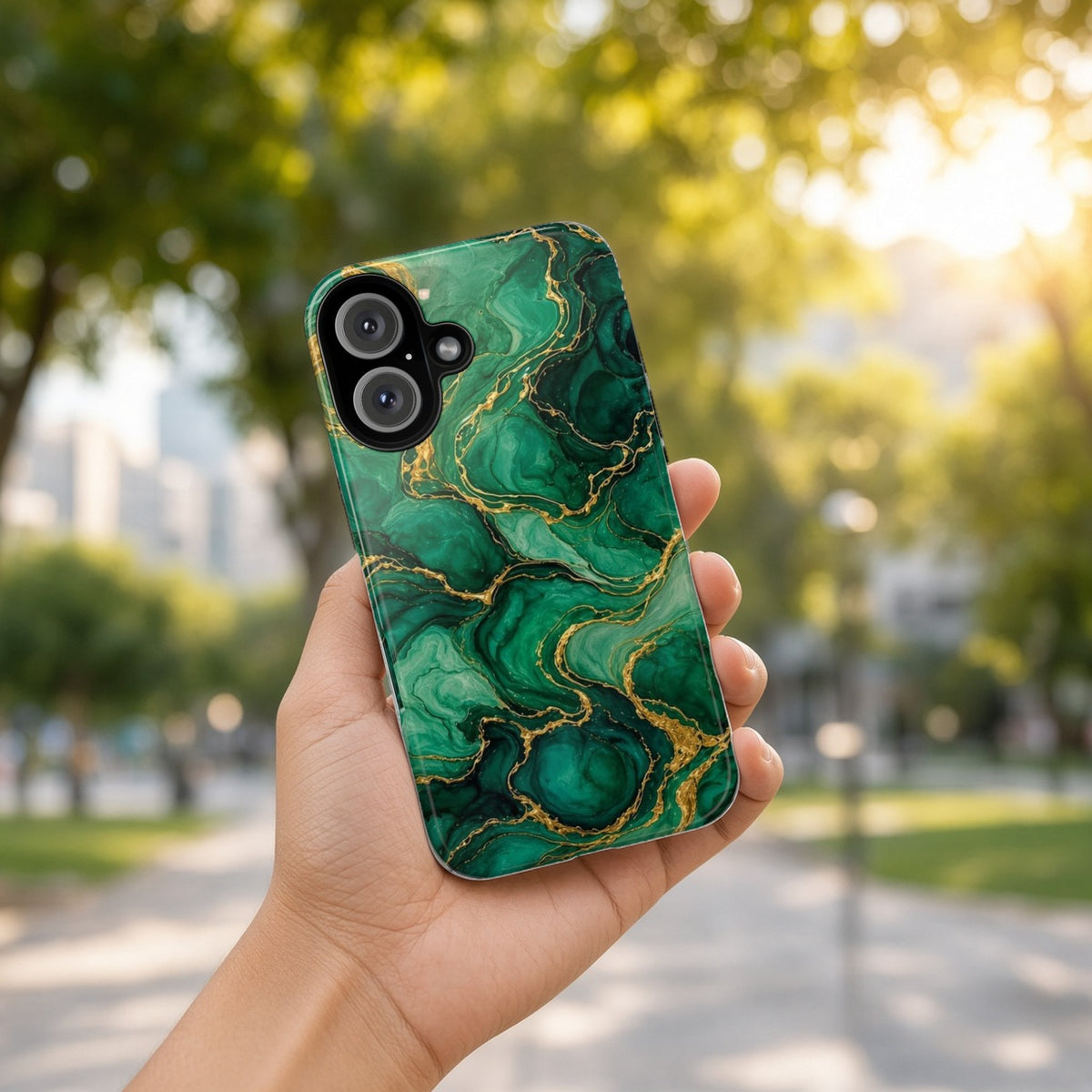 Hand holding the Emerald Tide-Pool Pour tough phone case outdoors in a sunny park