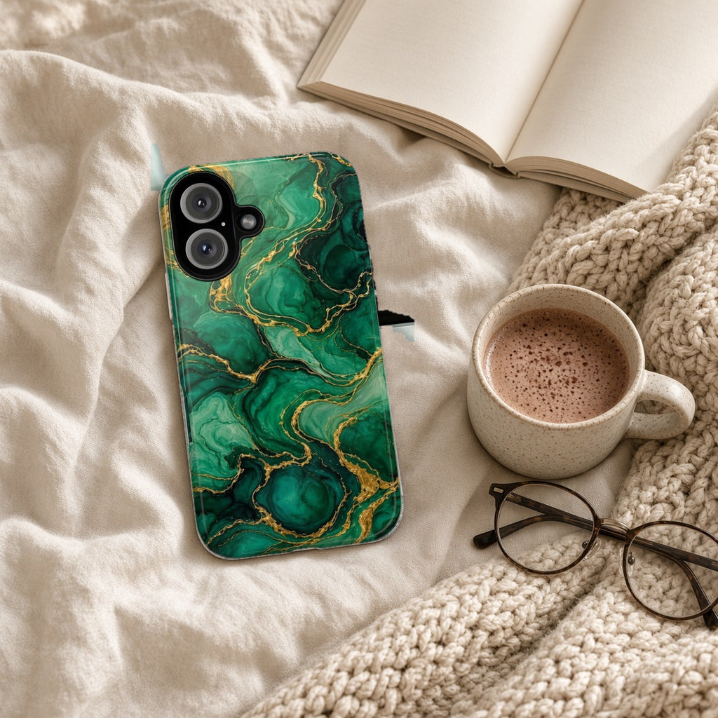 Emerald Tide-Pool Pour tough phone case on a cosy knit blanket with a hot chocolate and glasses
