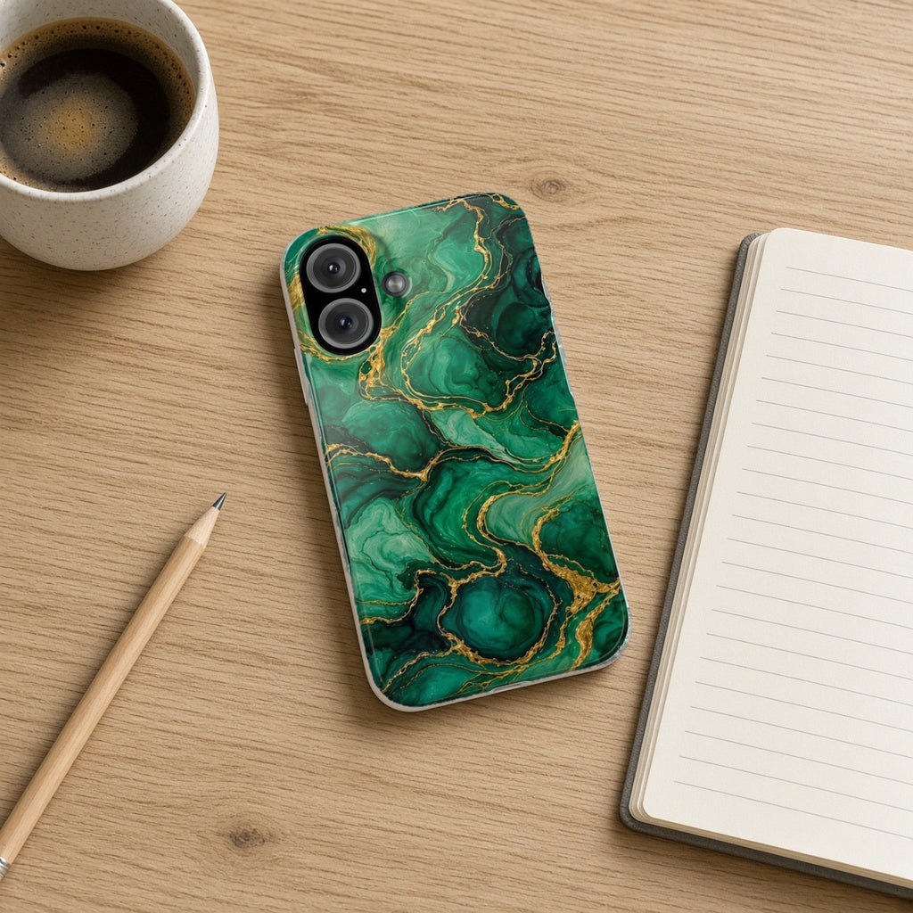 Emerald Tide-Pool Pour slim phone case on an oak desk with a notebook, pencil and coffee