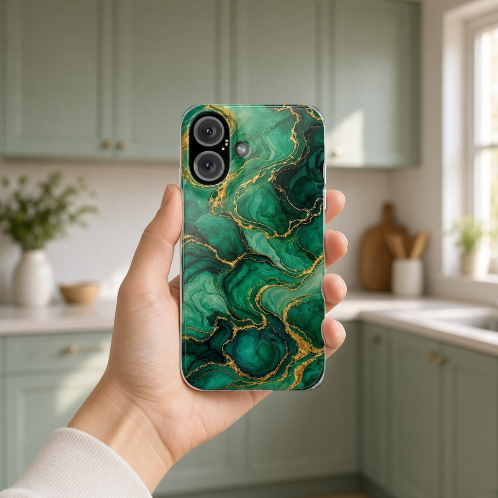 Hand holding the Emerald Tide-Pool Pour slim phone case in a bright kitchen