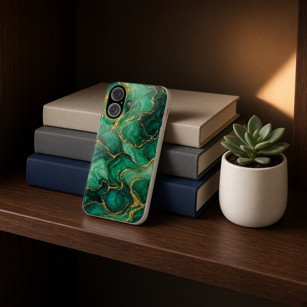 Emerald Tide-Pool Pour slim phone case propped on a bookshelf beside a small plant