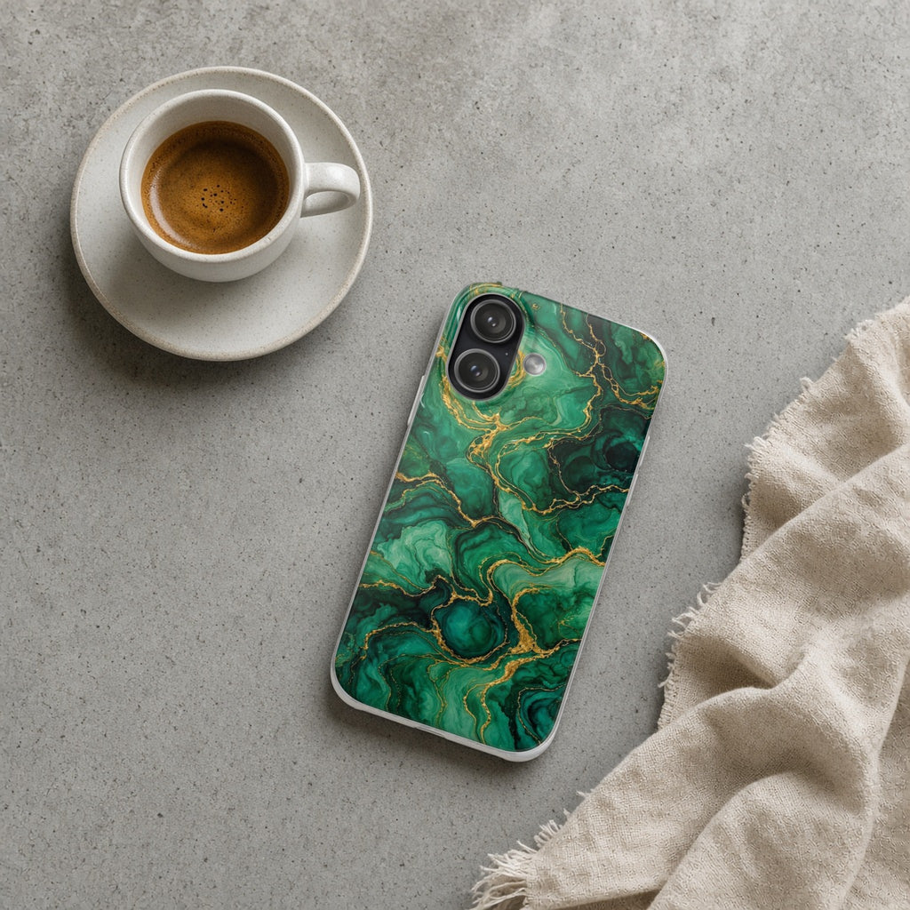 Emerald Tide-Pool Pour flexi phone case on a concrete cafe table with an espresso