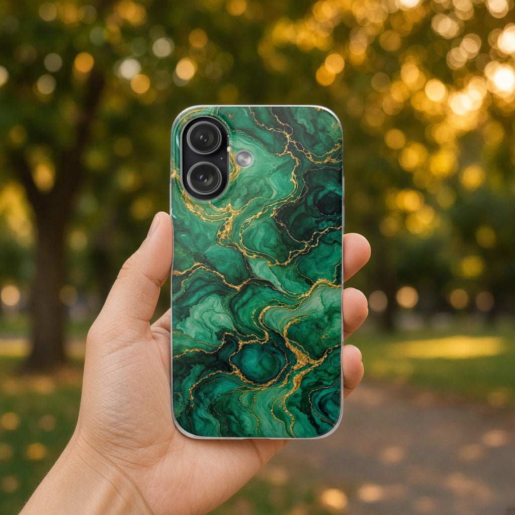 Hand holding the Emerald Tide-Pool Pour flexi phone case in a leafy park