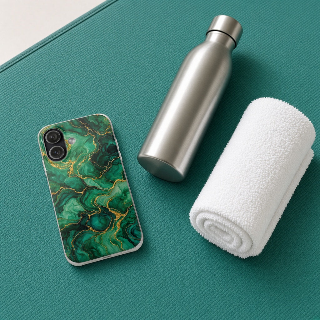 Emerald Tide-Pool Pour flexi phone case on a teal yoga mat with a water bottle and towel